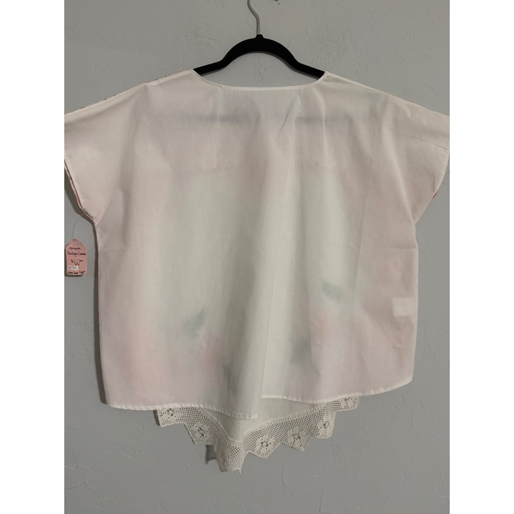 Handmade Vintage‎ Embroidered Floral Boho Pink White Striped Lace Top Blouse - Picture 4 of 6